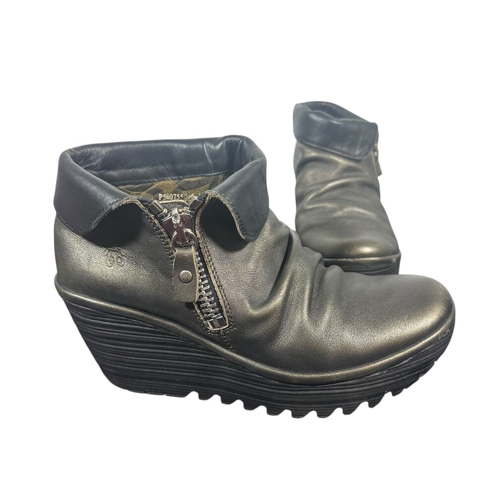 Fly London Black Leather Wedge Ankle Booties with Side Zipper